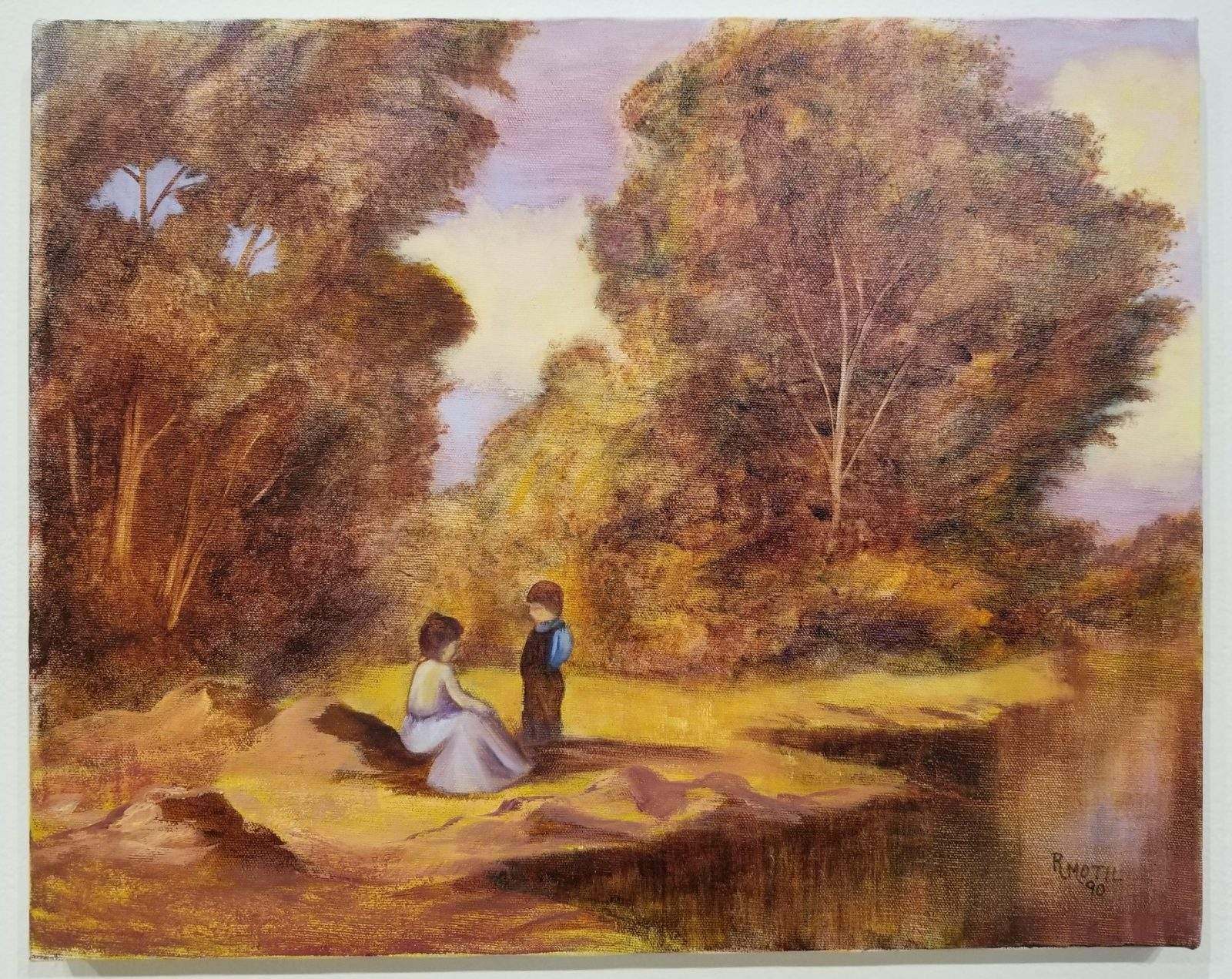 Painting by R. Motil that features a woman and a young boy sharing a somber moment alongside a lake.