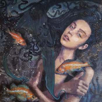 A surreal scene with a woman surrounded by goldfish and octopus tentacles, a painting by Debra Hovey