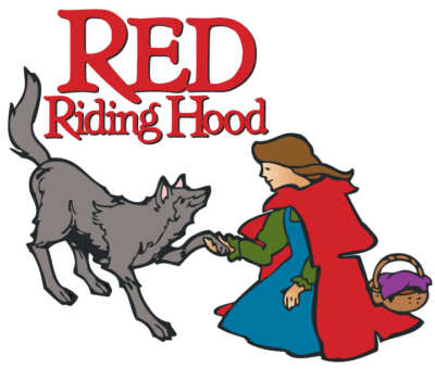 Little Red Riding Hood greets a wolf with red letters above them