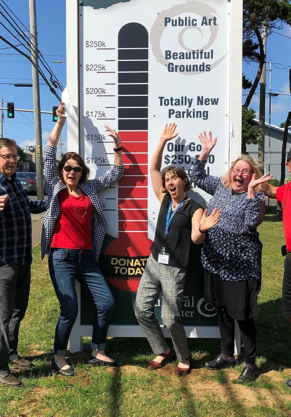 Cultural Plaza fundraising campaign street-side thermometer. In the photo from left: Greg Berton, Adrienne Greene, Niki Price, Sam Jacobson and Dennis Civiello
